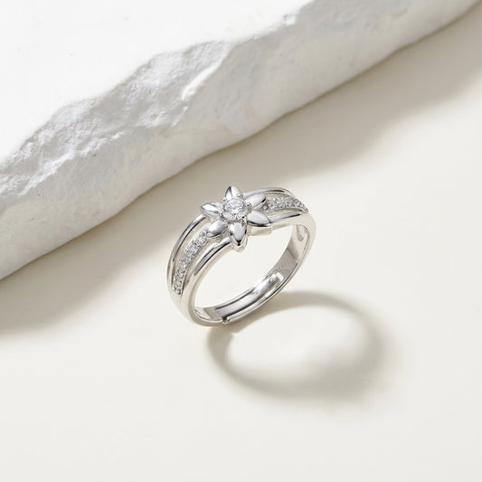 Luxury Adjustable Silver Flower CZ Ring for Women – Elegant Floral Open Band