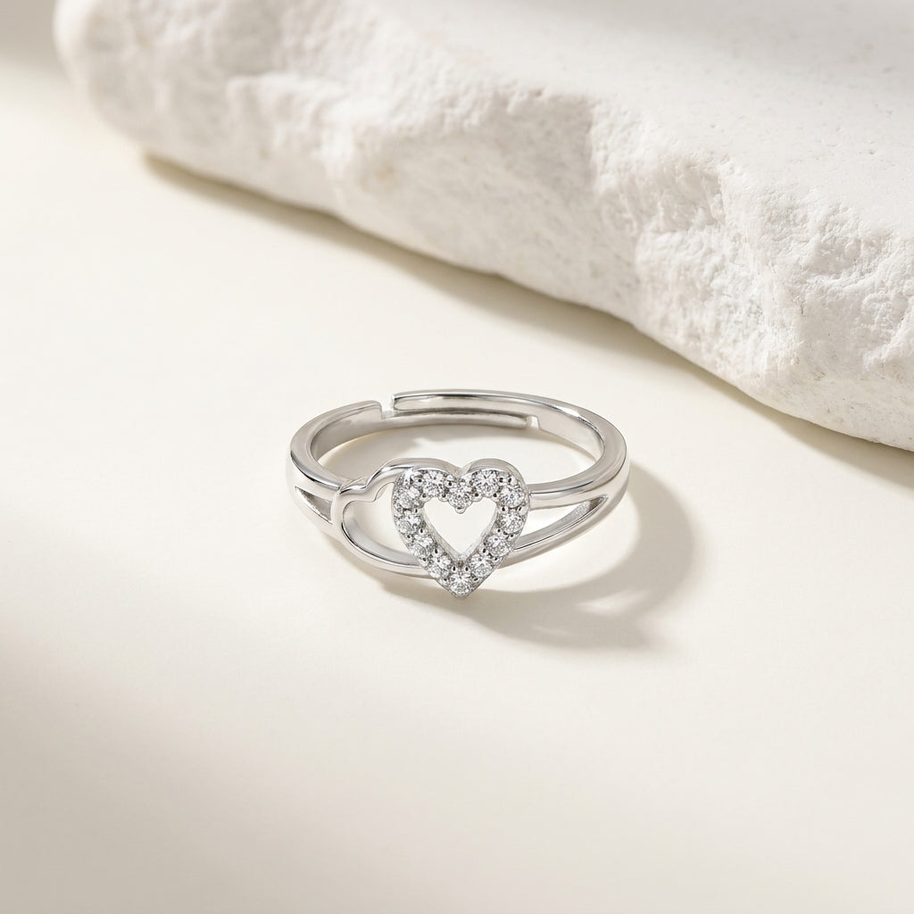 Luxury Adjustable Silver Heart CZ Ring for Women – Elegant Open Band Ring