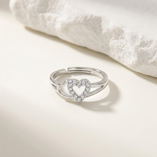 Luxury Adjustable Silver Heart CZ Ring for Women – Elegant Open Band Ring