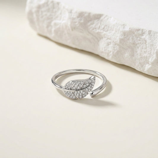 Luxury Adjustable Silver Leaf CZ Ring for Women – Elegant Open Band
