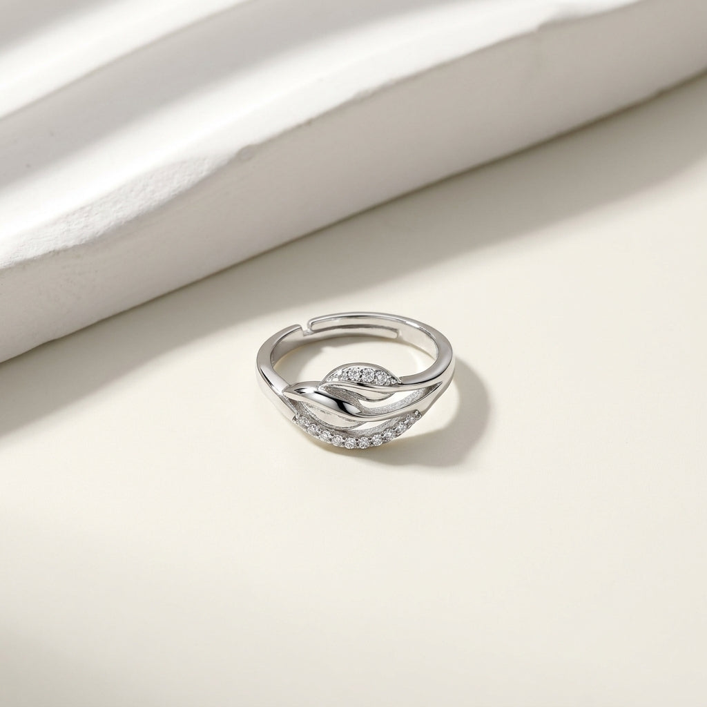 Luxury Adjustable Silver Wave Leaf CZ Ring for Women – Elegant Open Band Ring