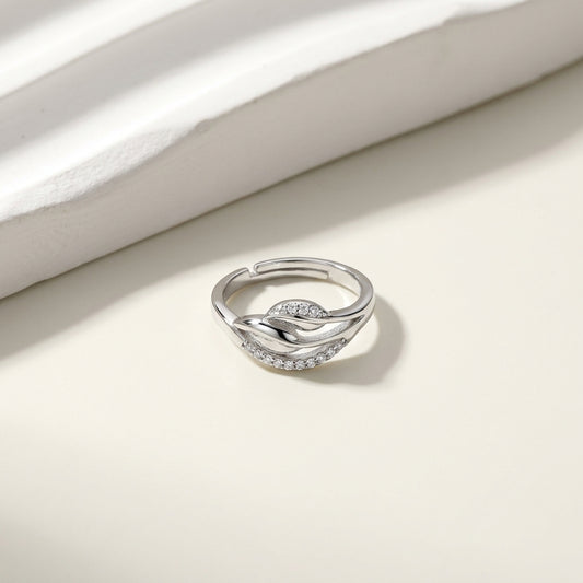 Luxury Adjustable Silver Wave Leaf CZ Ring for Women – Elegant Open Band Ring