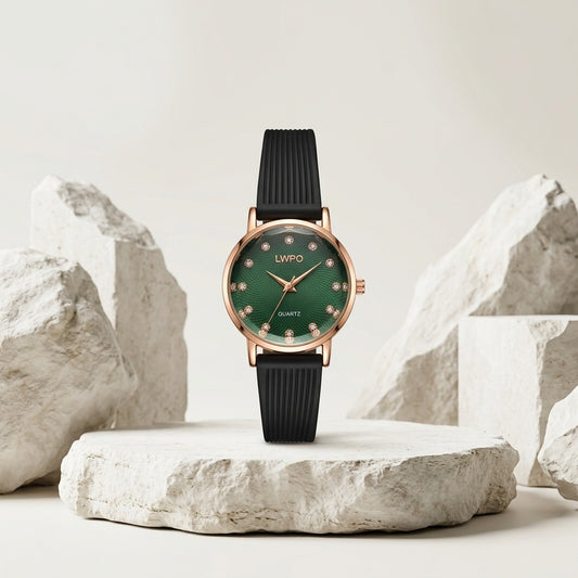 Luxury Emerald Green Dial Watch with Black Silicone Strap