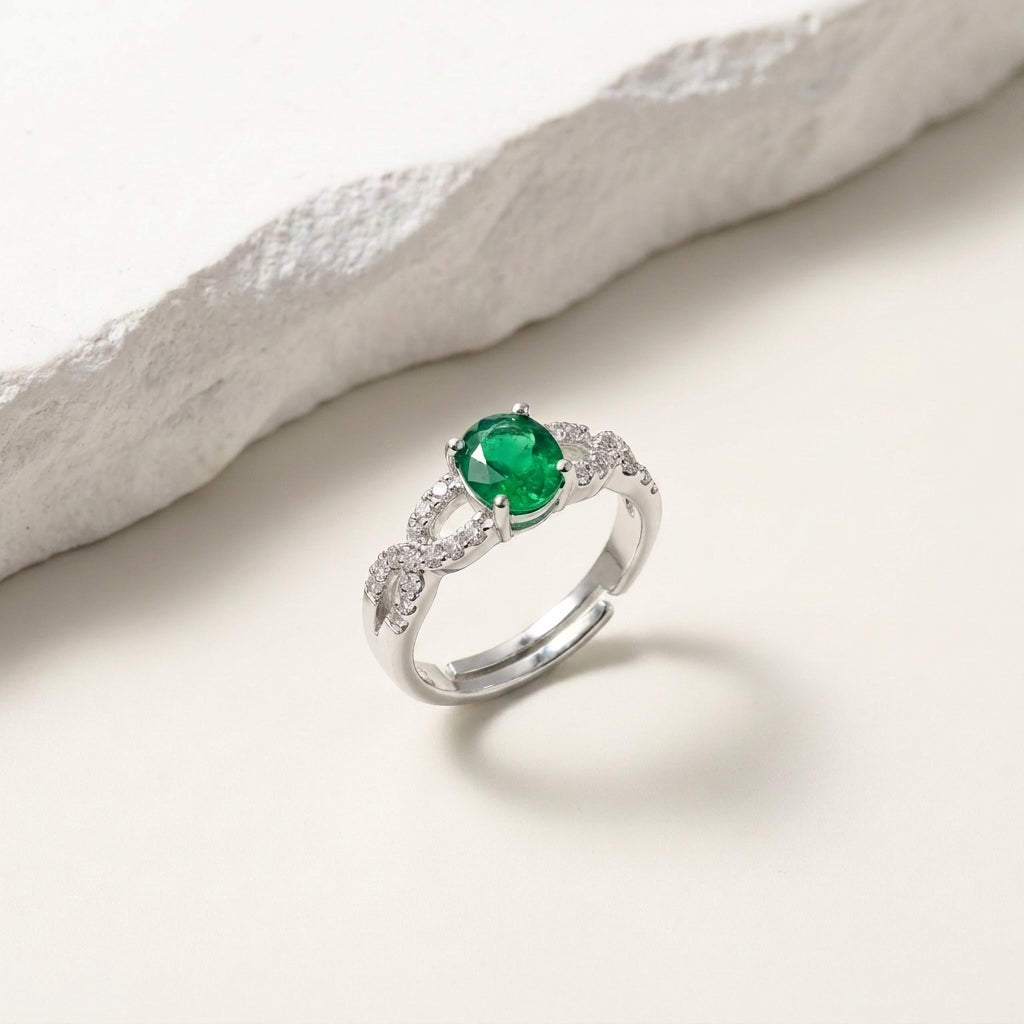 Luxury Emerald Oval Cubic Zirconia  Adjustable Silver Ring for Women