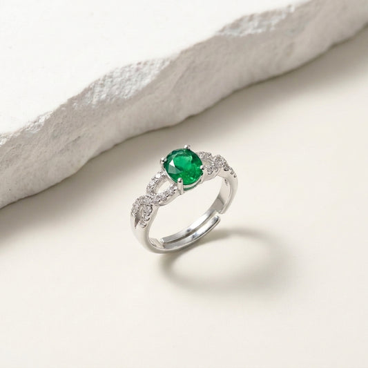 Luxury Emerald Oval Cubic Zirconia  Adjustable Silver Ring for Women
