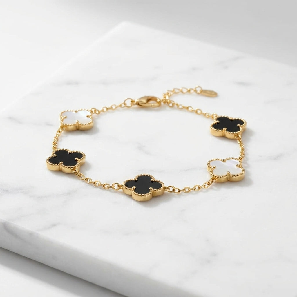 Luxury Gold Black & White Clover Chain Bracelet for Women