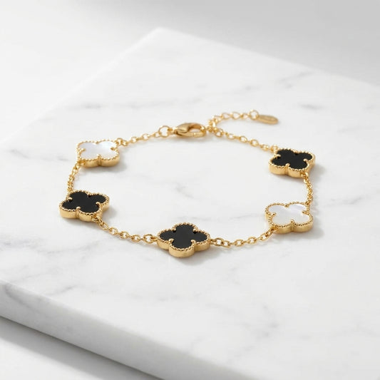 Luxury Gold Black & White Clover Chain Bracelet for Women