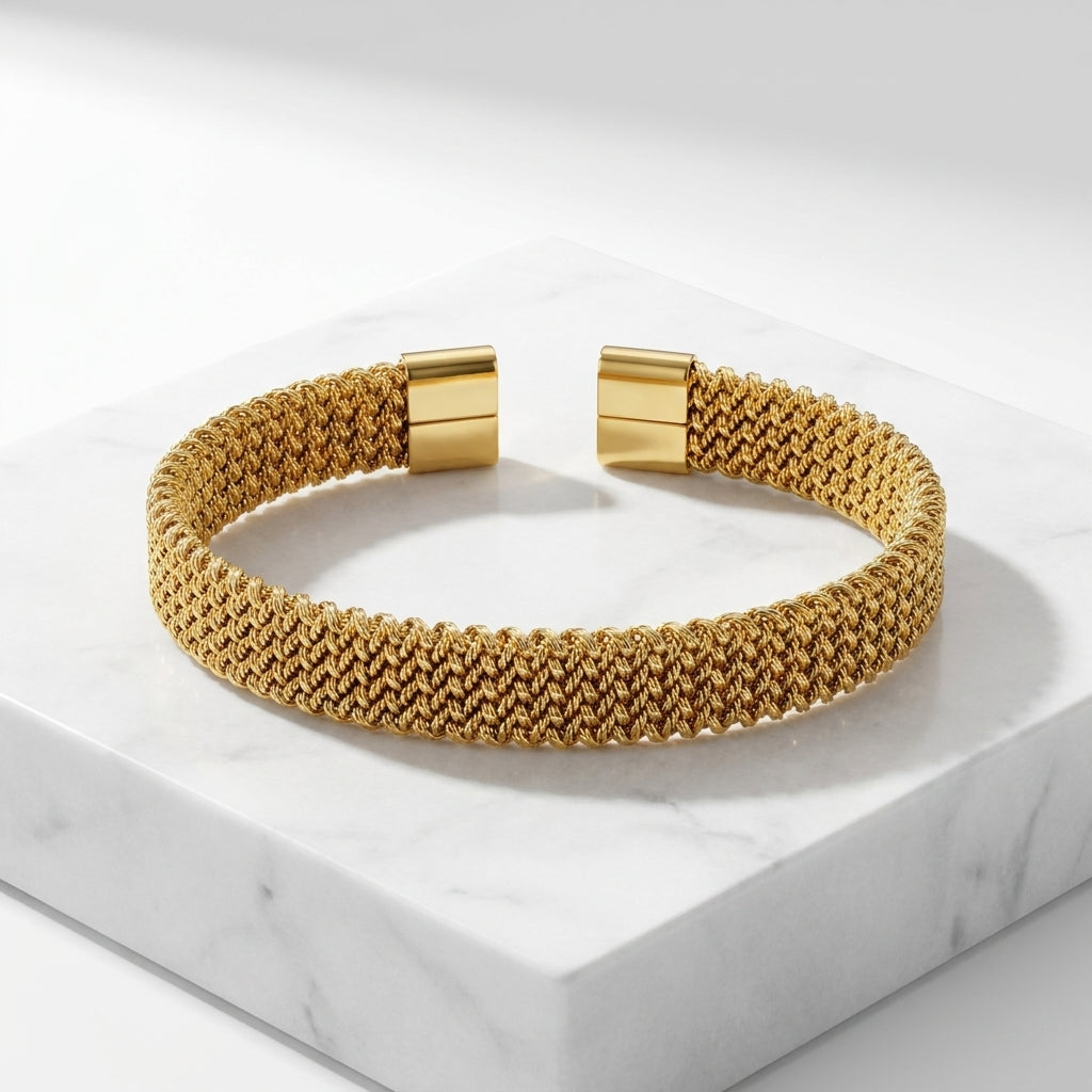 Luxury Gold Mesh Weave Open Cuff Bracelet for Women