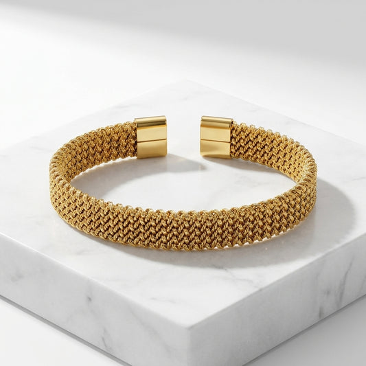 Luxury Gold Mesh Weave Open Cuff Bracelet for Women