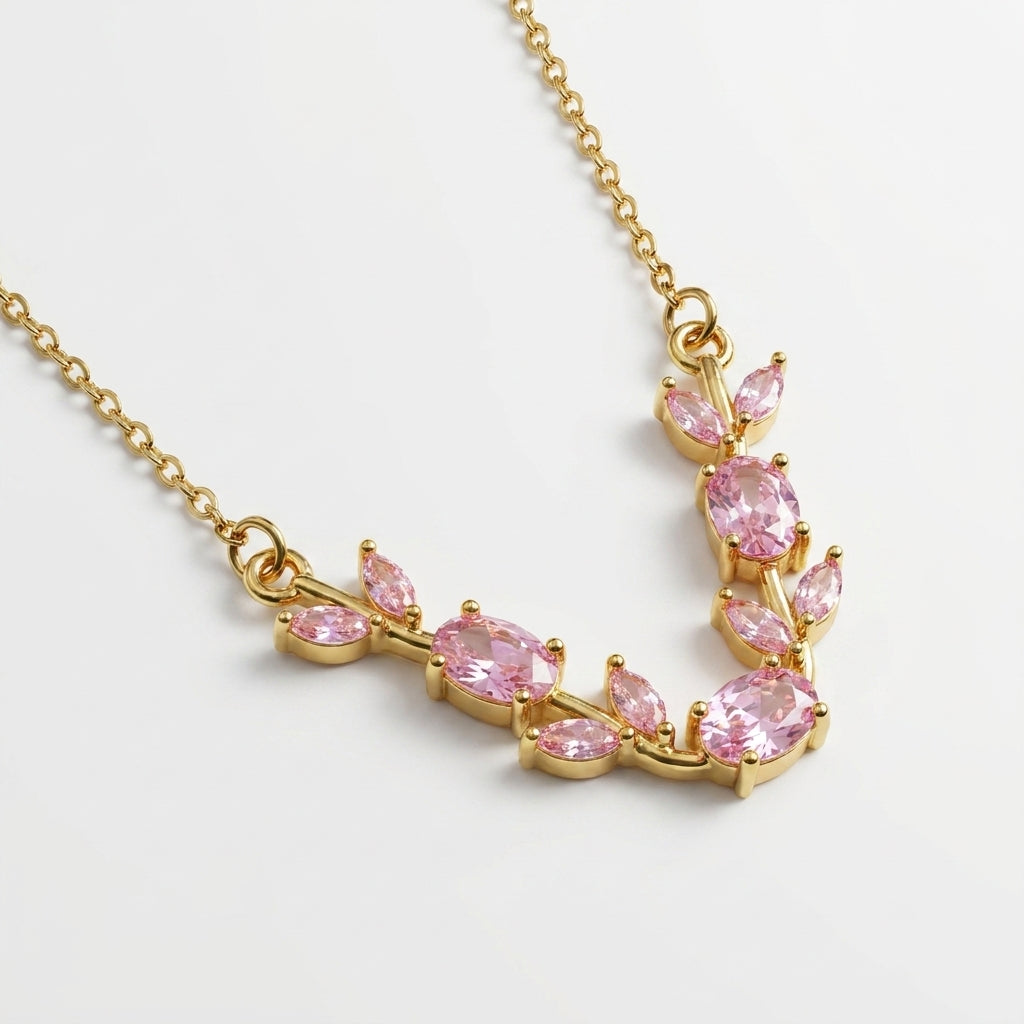 Luxury Gold Pink Crystal Floral Necklace for Women