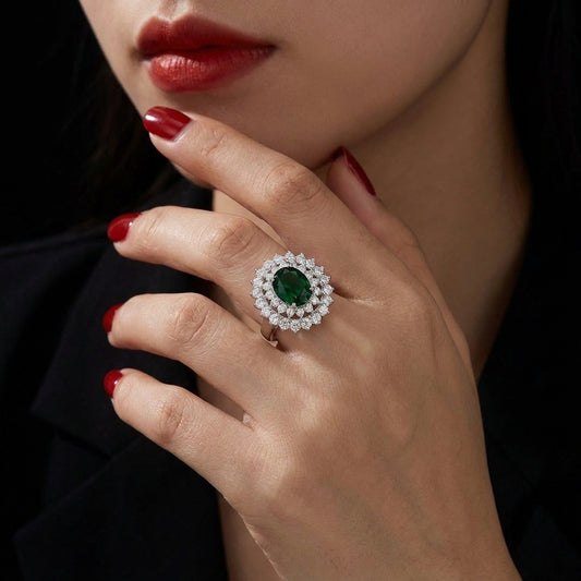 Luxury Green Emerald Halo Crystal Ring for Women