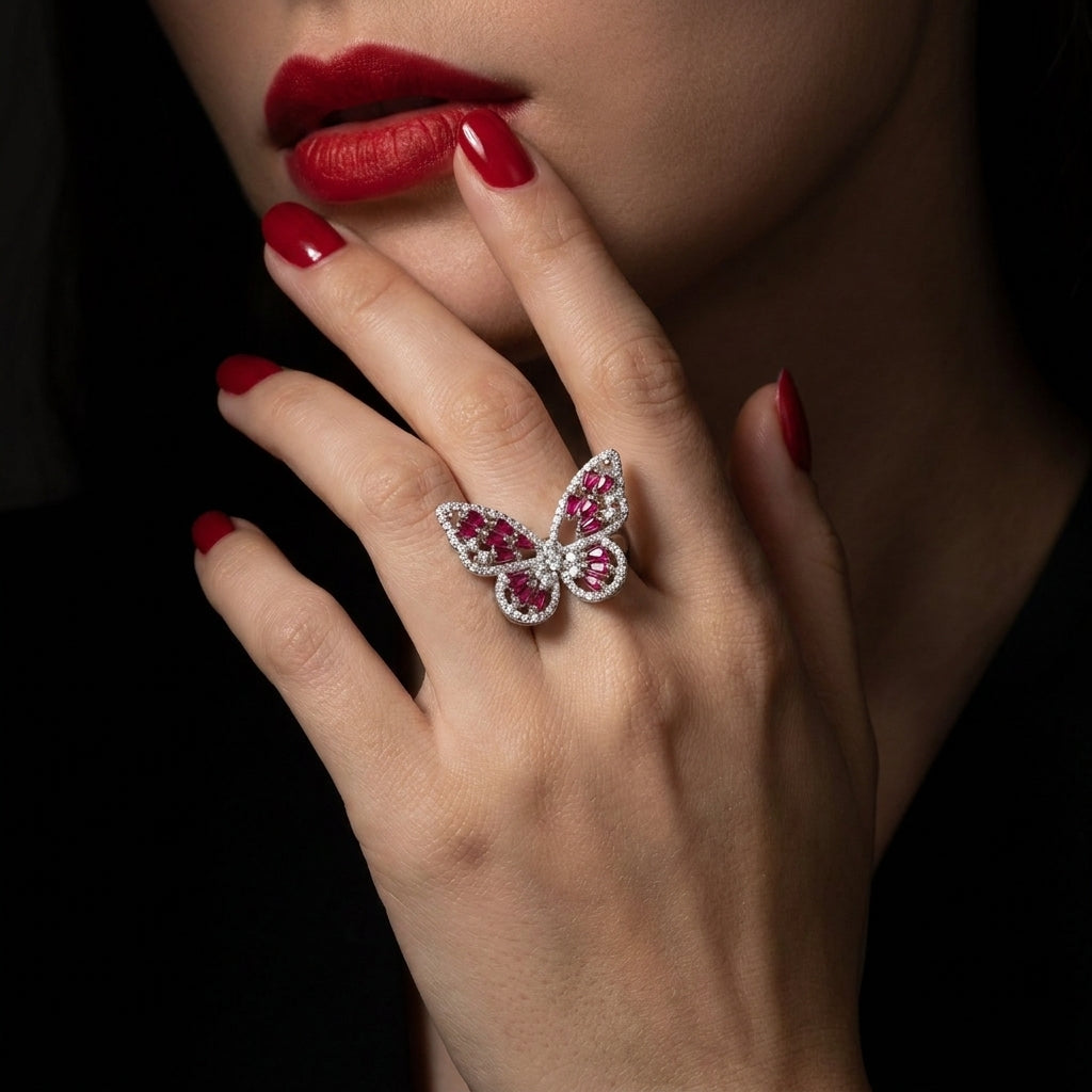Luxury Pink Butterfly Crystal Zirconia Ring for Women