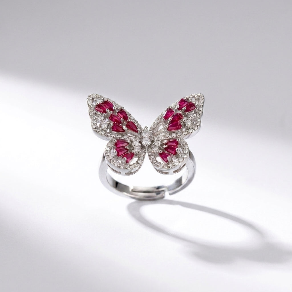 Luxury Pink Butterfly Crystal Zirconia Ring for Women