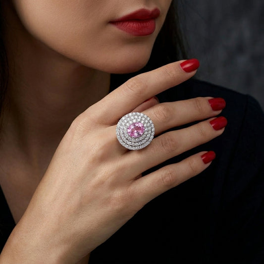 Luxury Pink Sapphire Halo Crystal Ring for Women