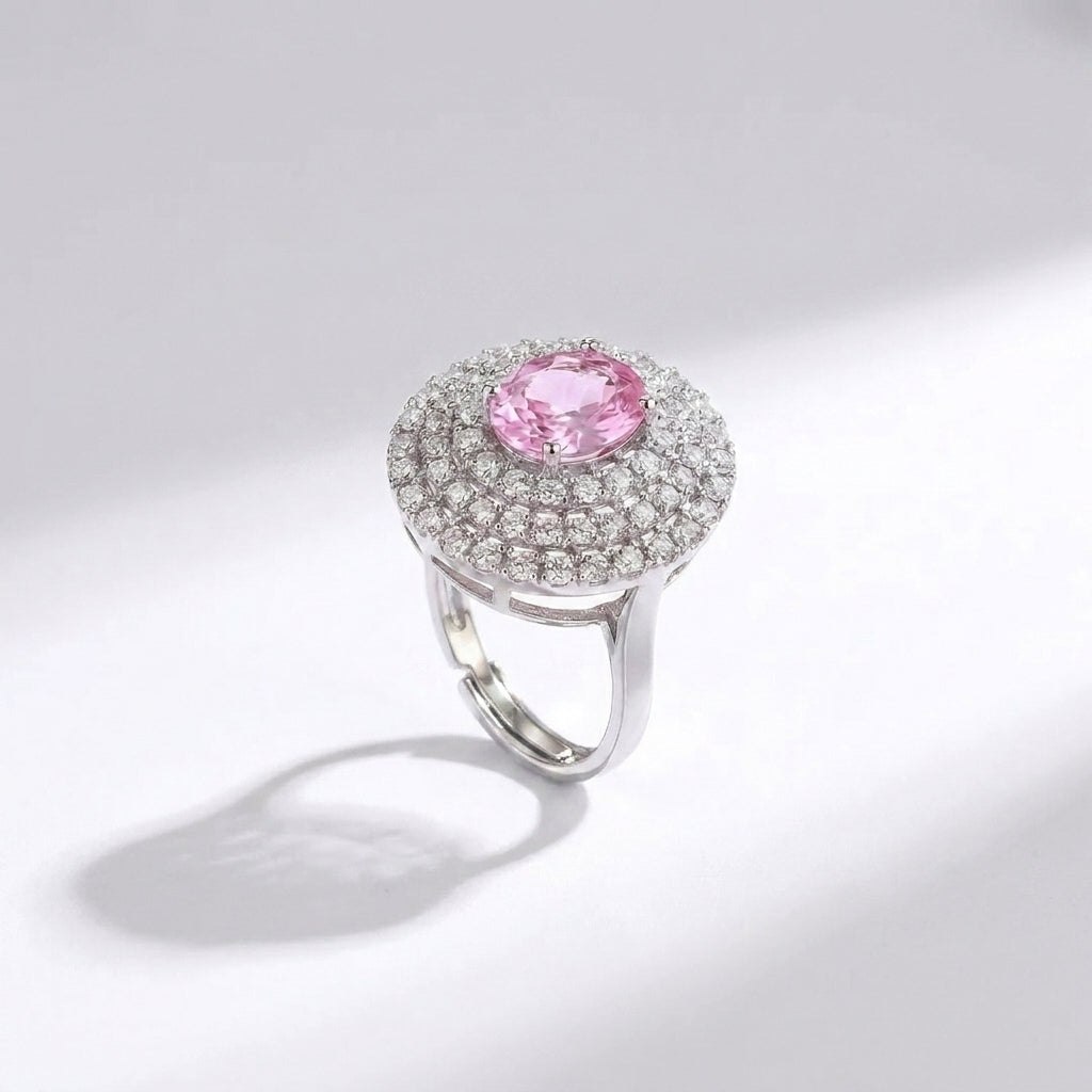 Luxury Pink Sapphire Halo Crystal Ring for Women