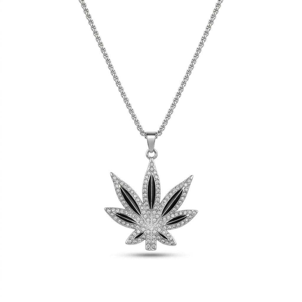 Luxury Silver Black Leaf Pendant Necklace for Men