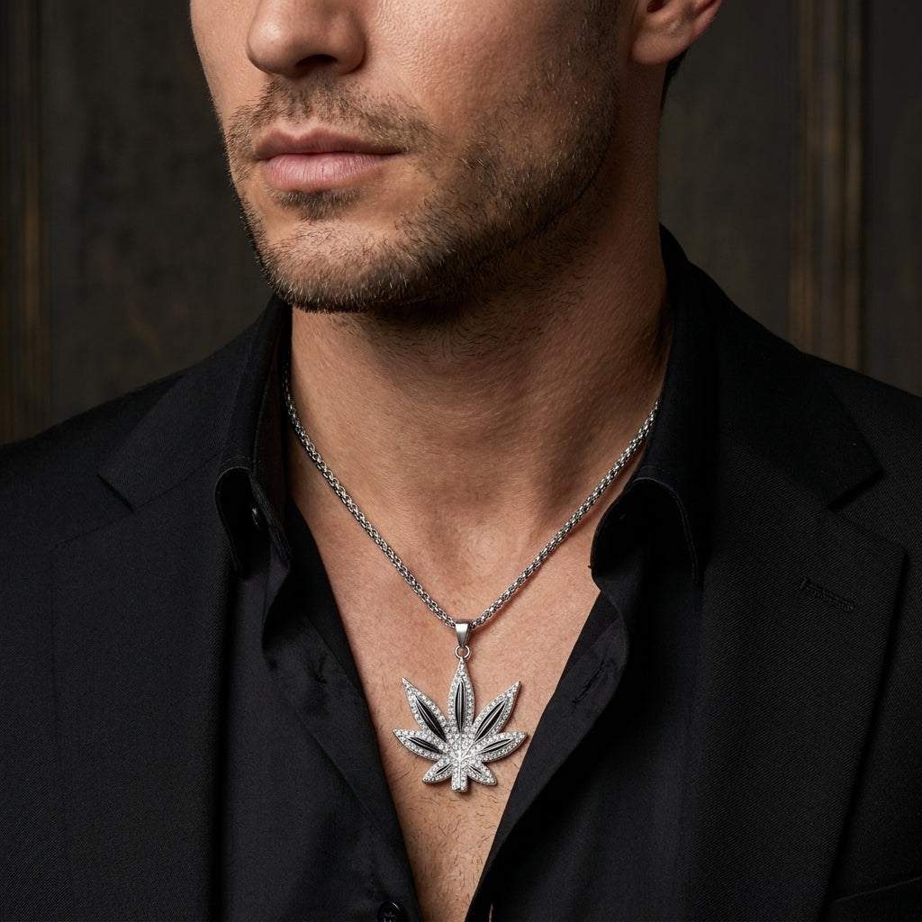 Luxury Silver Black Leaf Pendant Necklace for Men