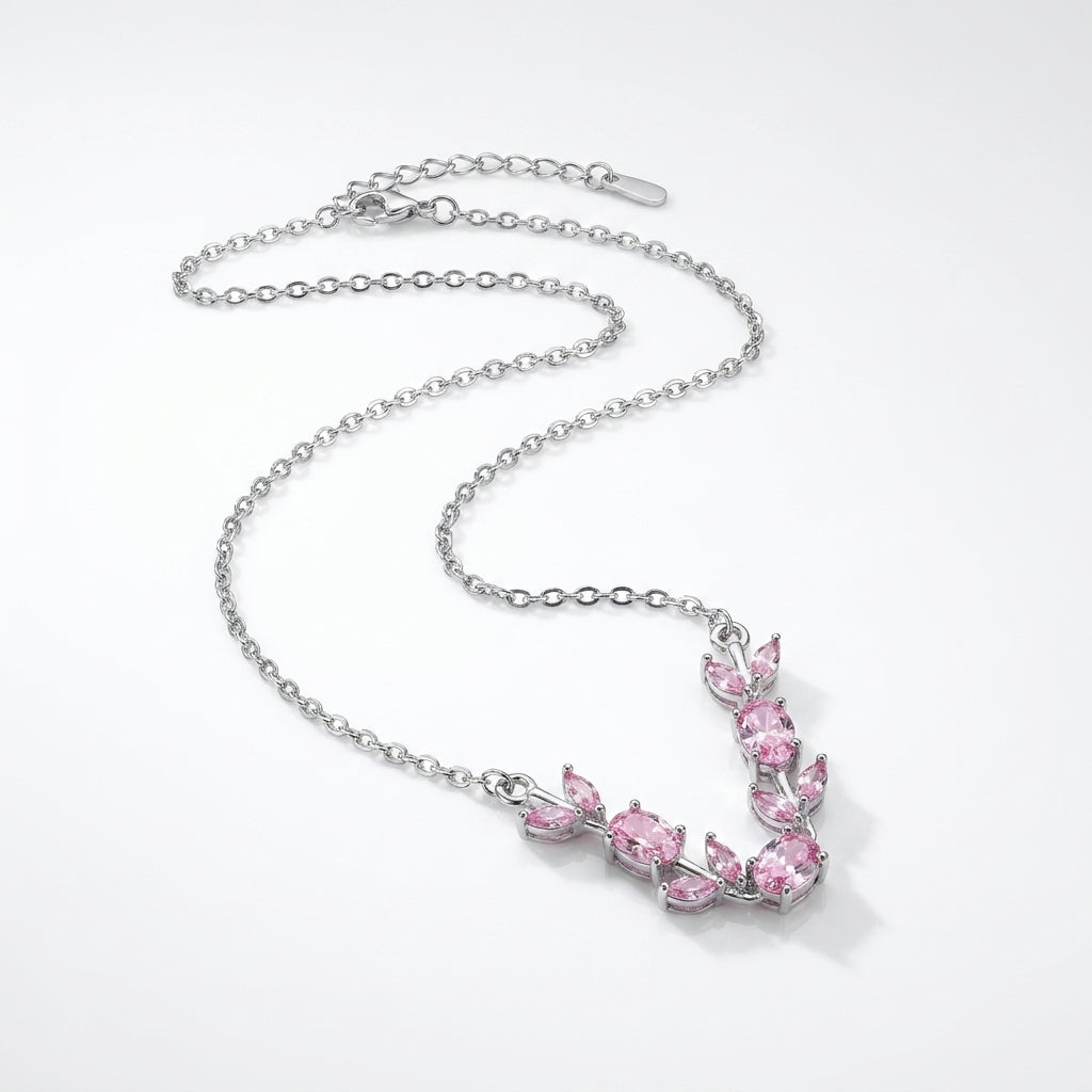 Luxury Silver Pink Crystal Floral Necklace for Women