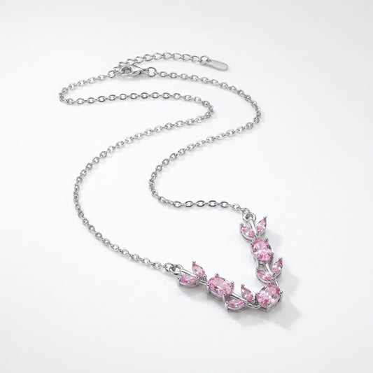 Luxury Silver Pink Crystal Floral Necklace for Women
