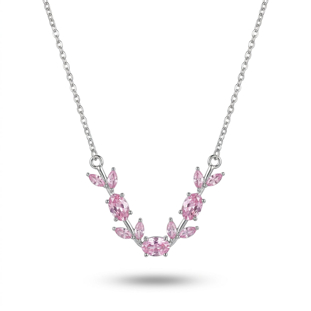 Luxury Silver Pink Crystal Floral Necklace for Women