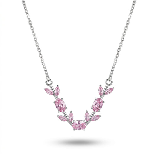 Luxury Silver Pink Crystal Floral Necklace for Women