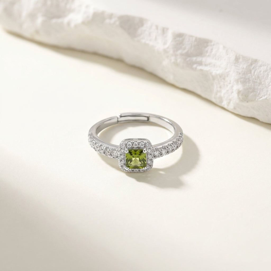 Luxury Square Halo Cubic Zirconia Adjustable Silver Ring for Women