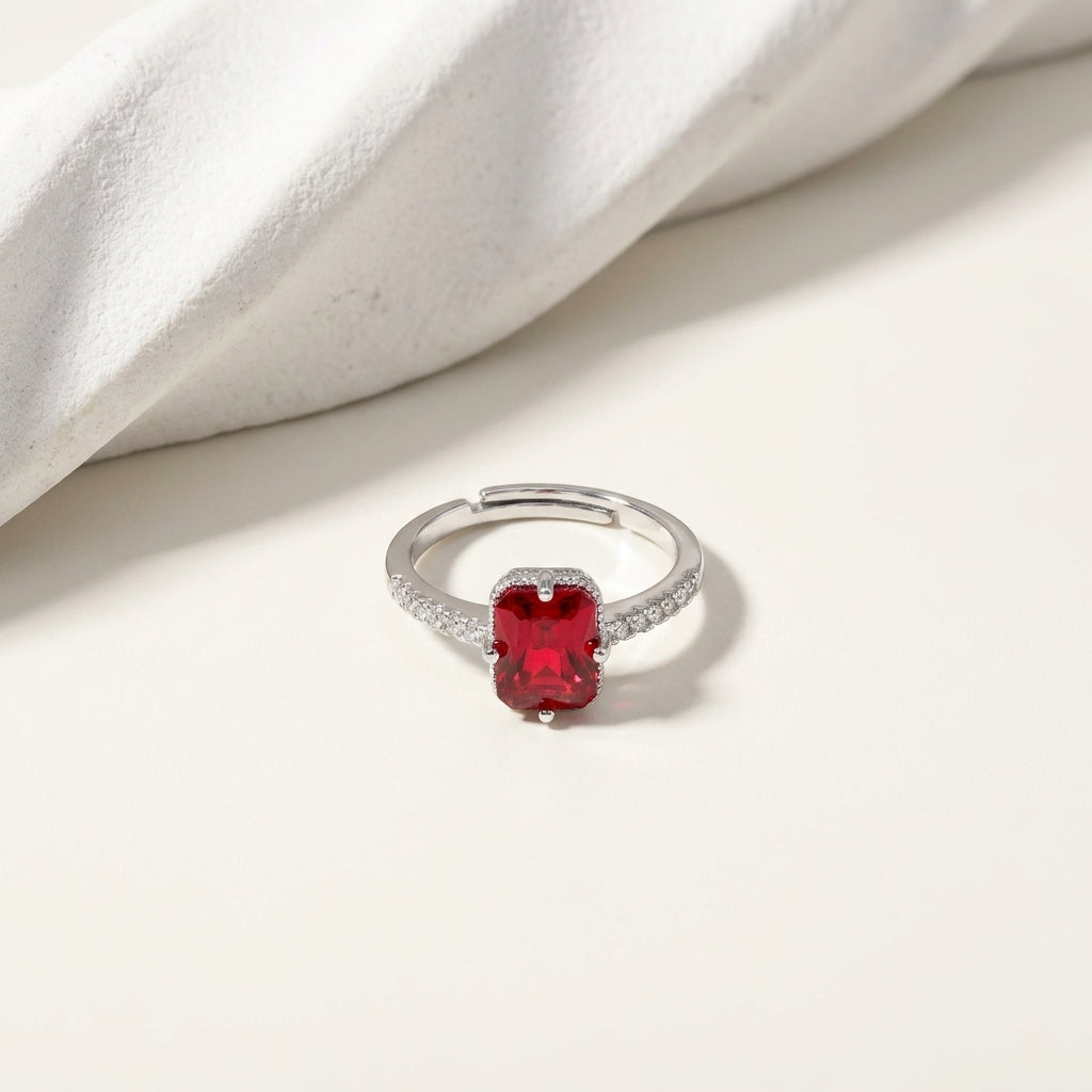 Luxury Adjustable Cushion Cut Gemstone CZ Ring for Women – Elegant Silver Band Ring