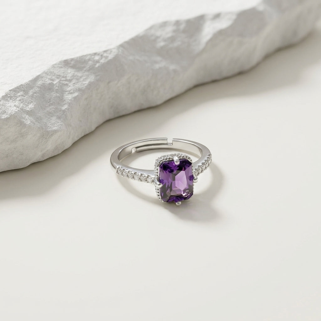 Luxury Adjustable Cushion Cut Gemstone CZ Ring for Women – Elegant Silver Band Ring