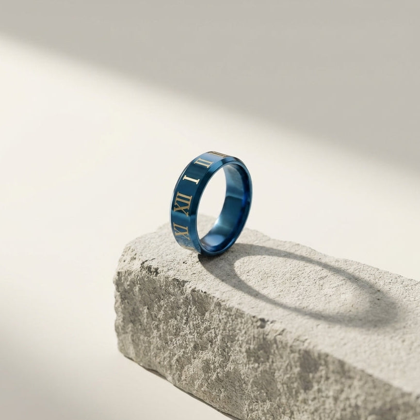 Premium Blue Roman Numeral Stainless Steel Band Ring | Luxury Men's Fashion Jewelry