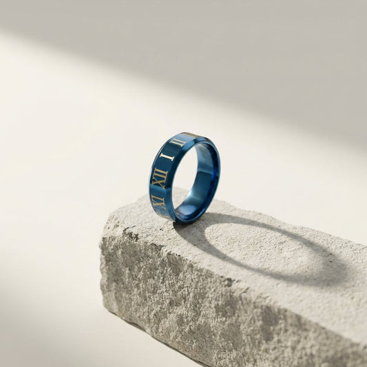 Premium Blue Roman Numeral Stainless Steel Band Ring | Luxury Men's Fashion Jewelry
