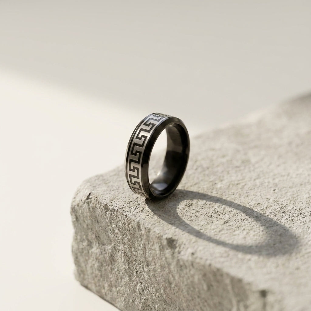 Premium Greek Pattern Stainless Steel Band Ring  Luxury Men's Fashion Jewelry