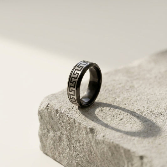 Premium Greek Pattern Stainless Steel Band Ring  Luxury Men's Fashion Jewelry