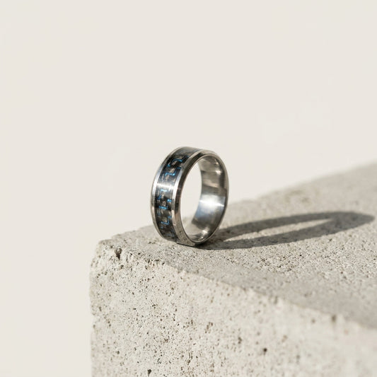 Premium Silver Blue Carbon Fiber Stainless Steel Band Ring | Luxury Men's Fashion Jewelry