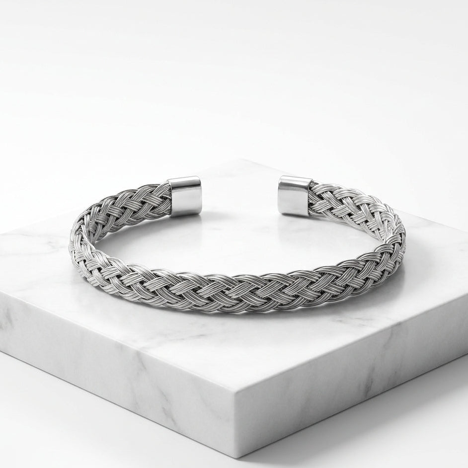 Premium Silver Braided Mesh Cuff Bracelet for Men & Women