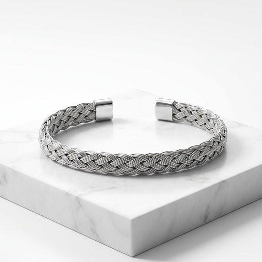 Premium Silver Braided Mesh Cuff Bracelet for Men & Women