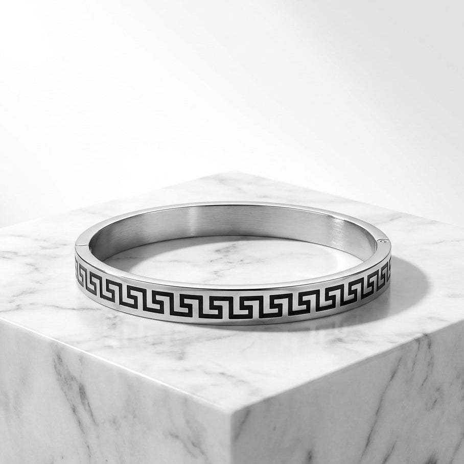 Premium Silver Greek Key Bangle Bracelet for Men & Women