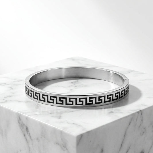 Premium Silver Greek Key Bangle Bracelet for Men & Women