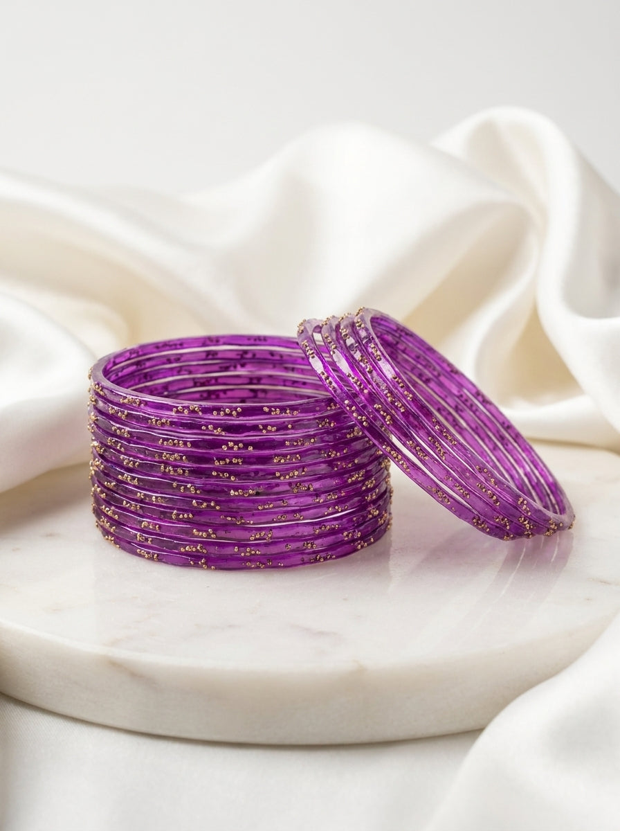 Purple Orchid Glitter Transparent Churi Set for Women – Premium Glass Bangles