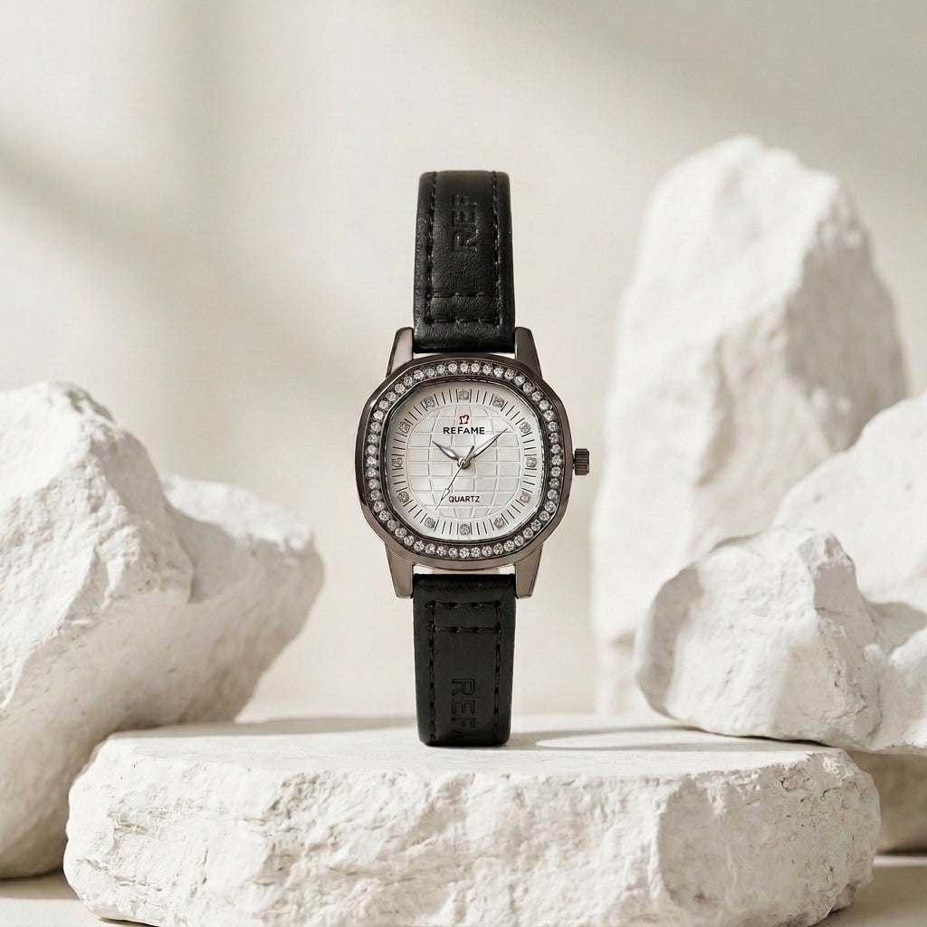 REFAME Black Strap Rhinestone Dial Watch for Women
