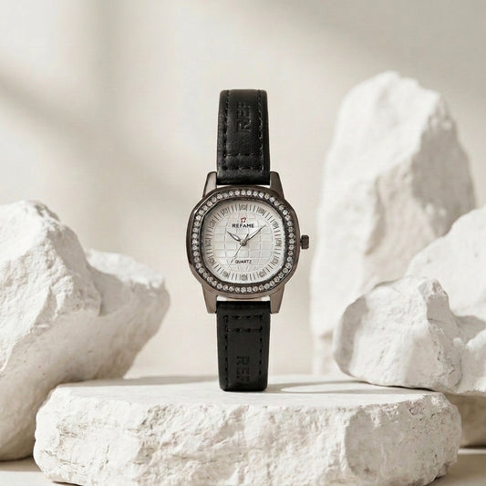REFAME Black Strap Rhinestone Dial Watch for Women