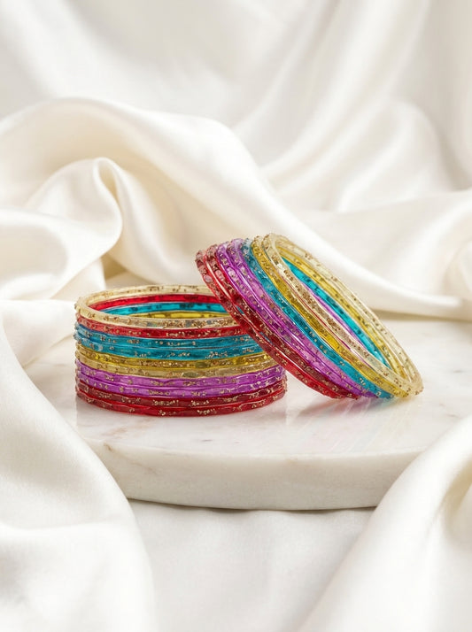 Rainbow Multicolor Glitter Transparent Churi Set for Women – Colorful Glass Bangles