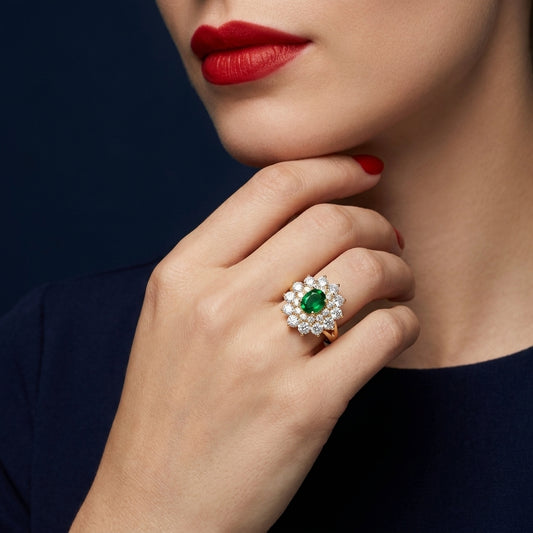 Luxury Green Emerald Halo Crystal Ring for Women