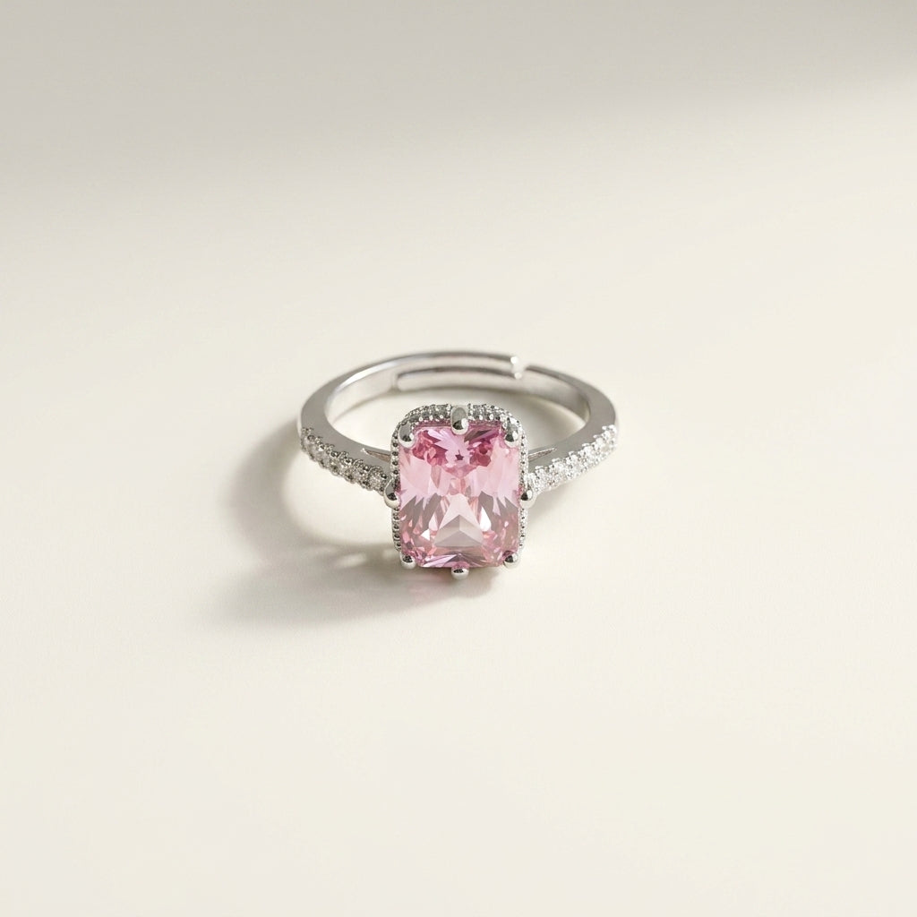 Luxury Adjustable Cushion Cut Gemstone CZ Ring for Women – Elegant Silver Band Ring