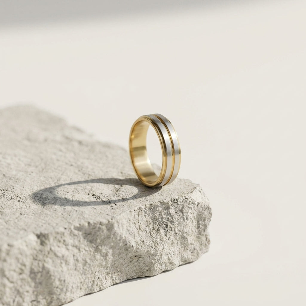 Premium Gold Silver Groove Stainless Steel Band Ring | Luxury Men's Fashion Jewelry