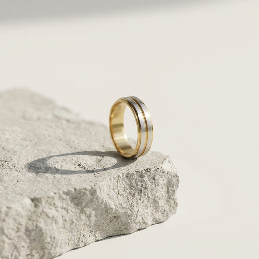 Premium Gold Silver Groove Stainless Steel Band Ring | Luxury Men's Fashion Jewelry