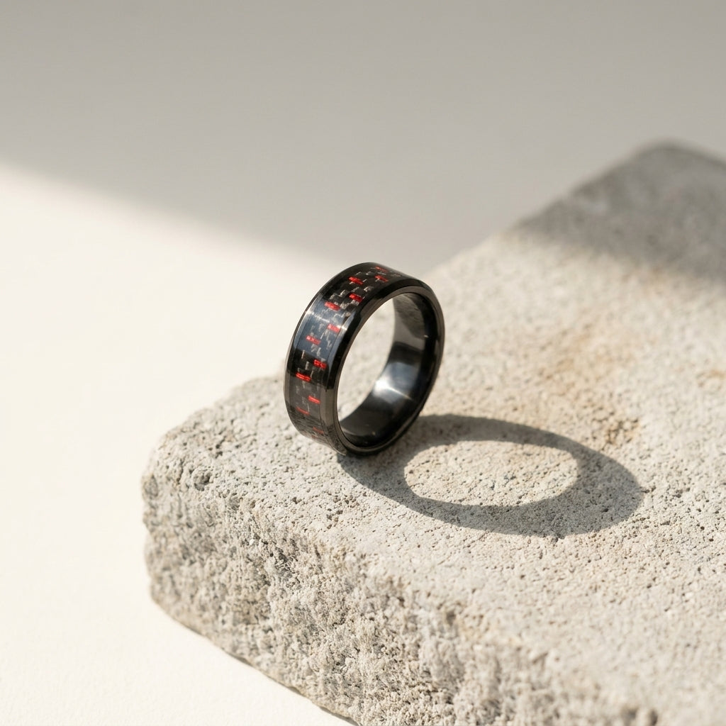 Premium Black Red Carbon Fiber Stainless Steel Band Ring | Luxury Men's Fashion Jewelry