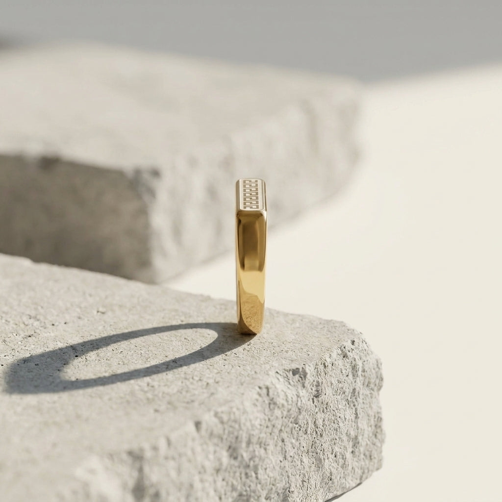 Premium Gold Greek Pattern Stainless Steel Signet Ring | Luxury Men's Fashion Jewelry