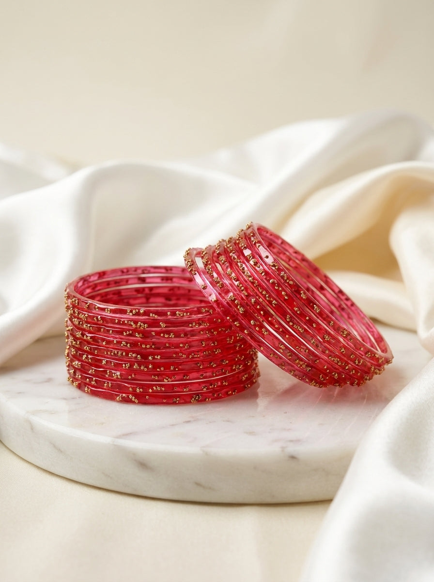 Ruby Pink Glitter Transparent Churi Set for Women – Stylish Glass Bangles