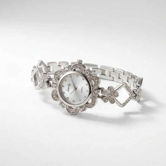 Silver Floral Crystal Ladies Watch – Elegant Rhinestone Bracelet Timepiece