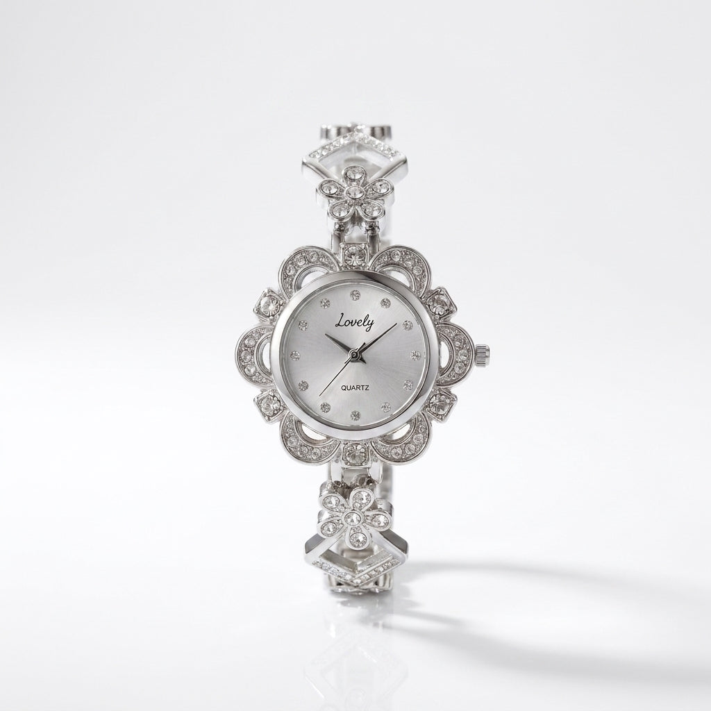 Silver Floral Crystal Ladies Watch – Elegant Rhinestone Bracelet Timepiece